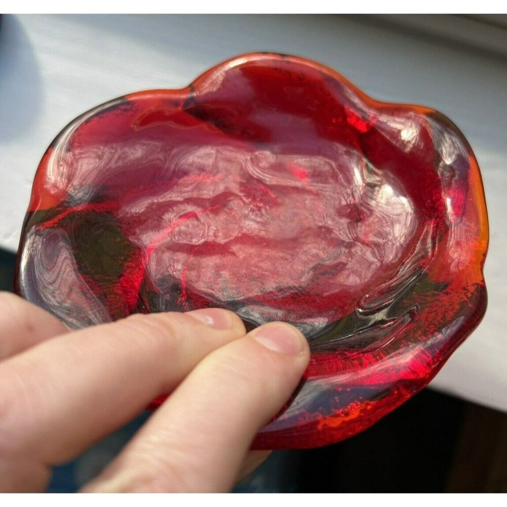 Fenton Red Amberina Swirl Textured Glass Trinket Dish Ashtray 5" Heavy Glows UV - Picture 4 of 8